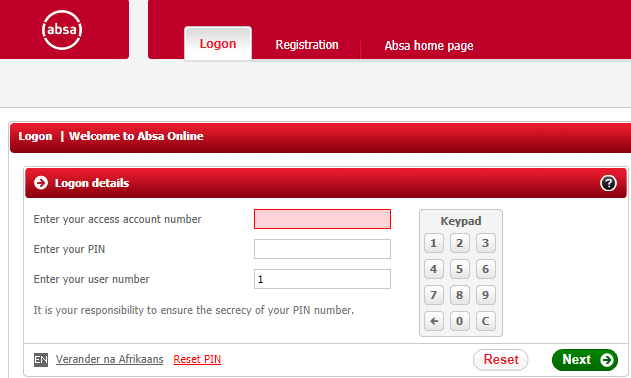ABSA online banking on-screen keypad
