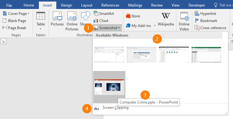 Steps to use Word's Insert Screenshot option.