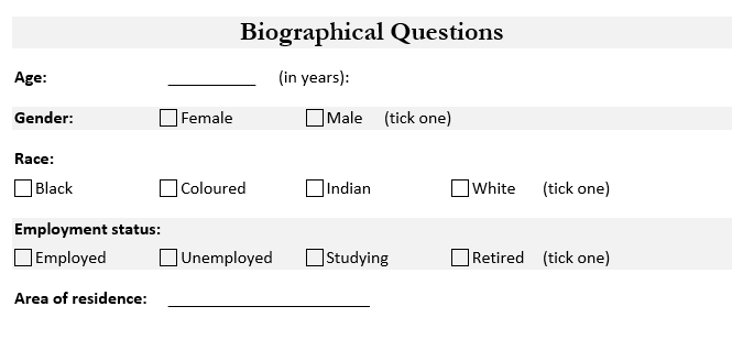 Biographical questions section of the PAT questionnaire