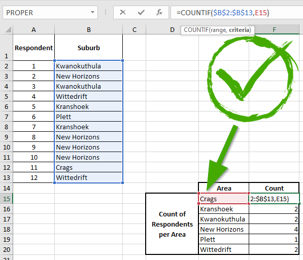 Correctly selecting criteria in an Excel function.