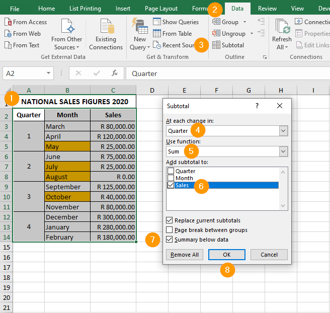 Microsoft Excel's Subtotal feature.