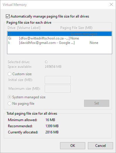 Screenshot of the Virtual memory settings in Windows 10.