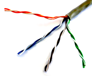 Image of Unshielded Twisted Pair cable with the protective plastic part-stripped.