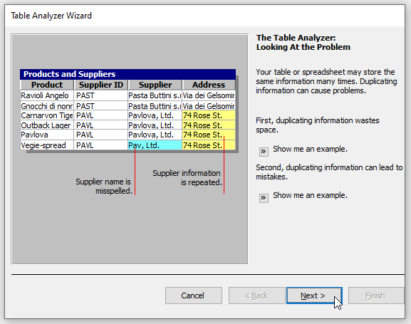 Screen 1 of the Table Analyzer Wizard.