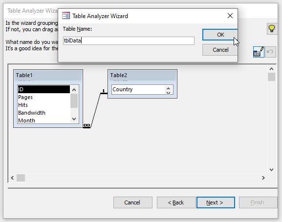 Renaming the new tables in Table Analyzer Wizard.