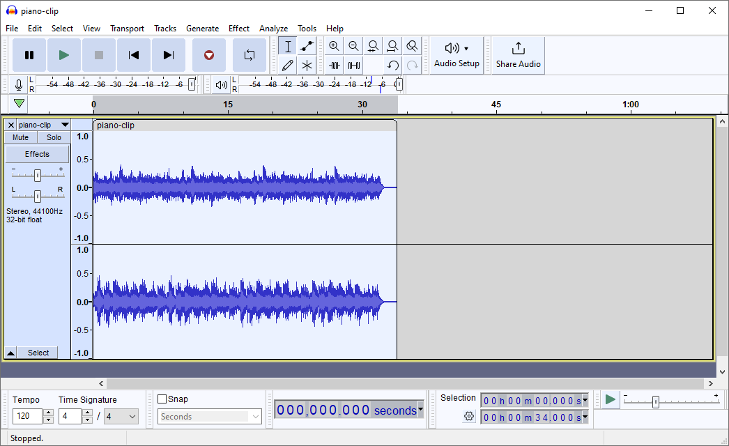 The result of applying a change in tempo to an audio clip in Audacity.