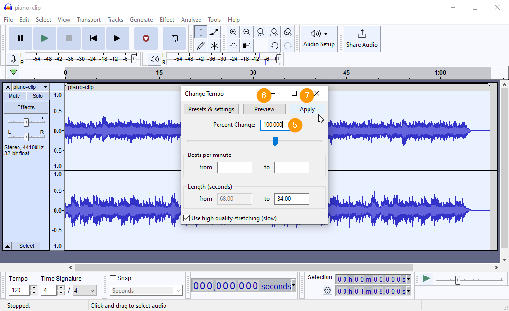 Editing the tempo of an audio clip in Audacity.