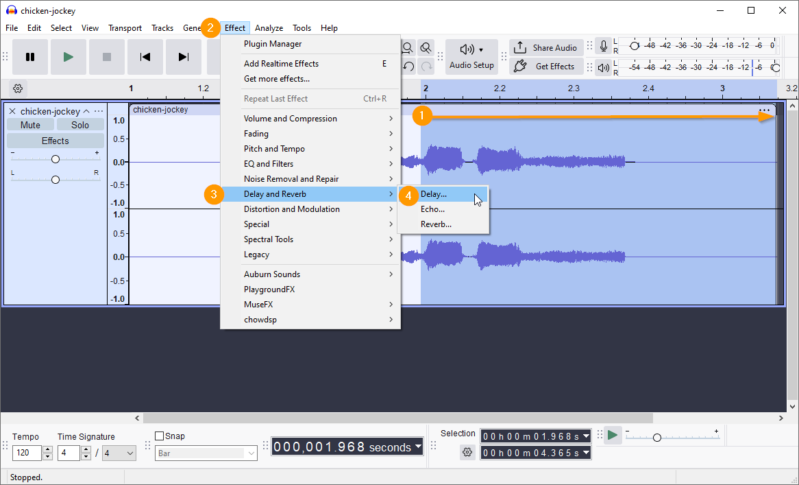 Selecting part of a track before adding a Delay to a track in Audacity.